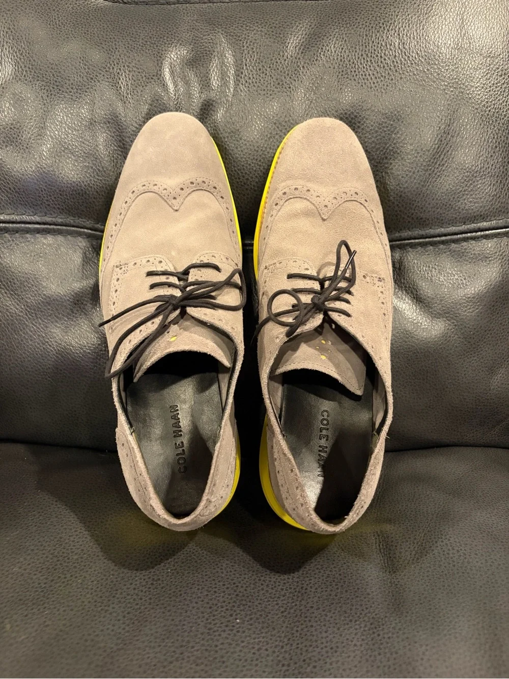 Cole Haan Grey Suede Wingtip Oxford with Yellow Sole